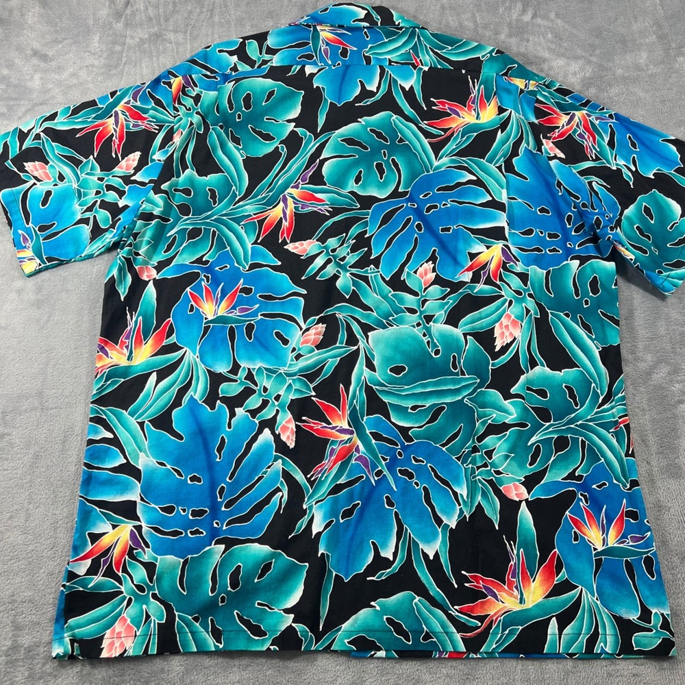VTG Hilo Hattie Hawaiian Shirt Mens XL Blue Teal Monstera Bird of Paradise - Picture 6 of 7